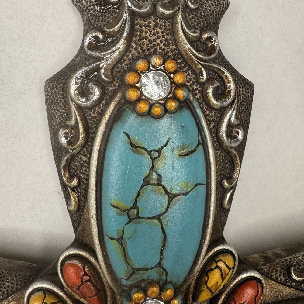 Turquoise Wall Cross Rhinestones Antique Silver Tone  18". - Picture 2 of 11